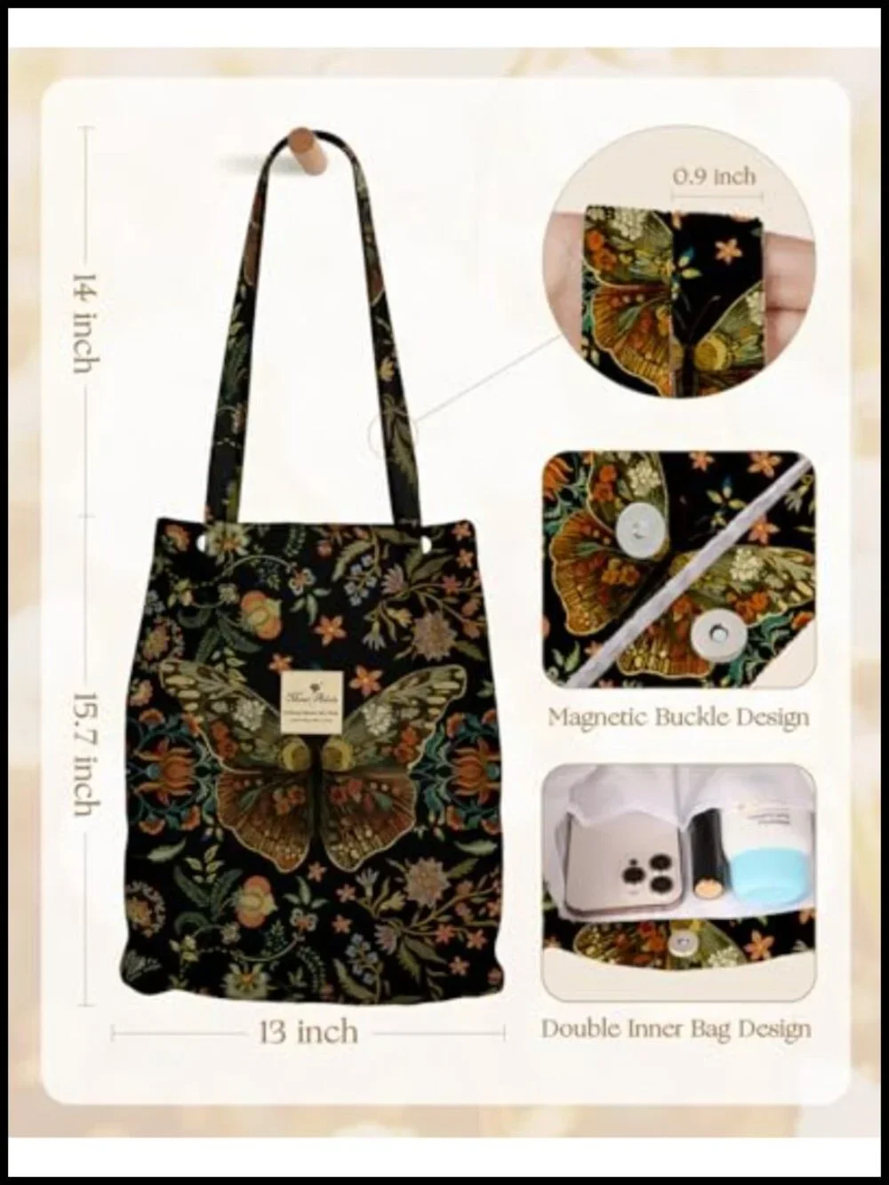 Corduroy Tote Bag - Reusable Totes with Magnetic Buckle & Pocket Aesthetic